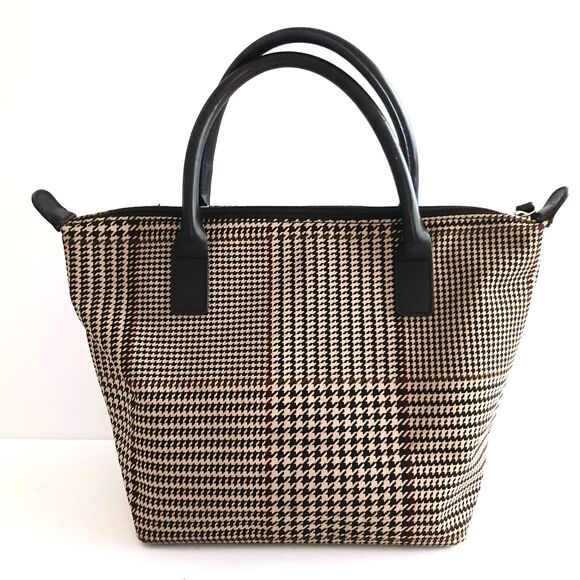 VTG Lauren Ralph Lauren Brown Houndstooth Plaid Small Tote Leather Trim - Picture 3 of 10